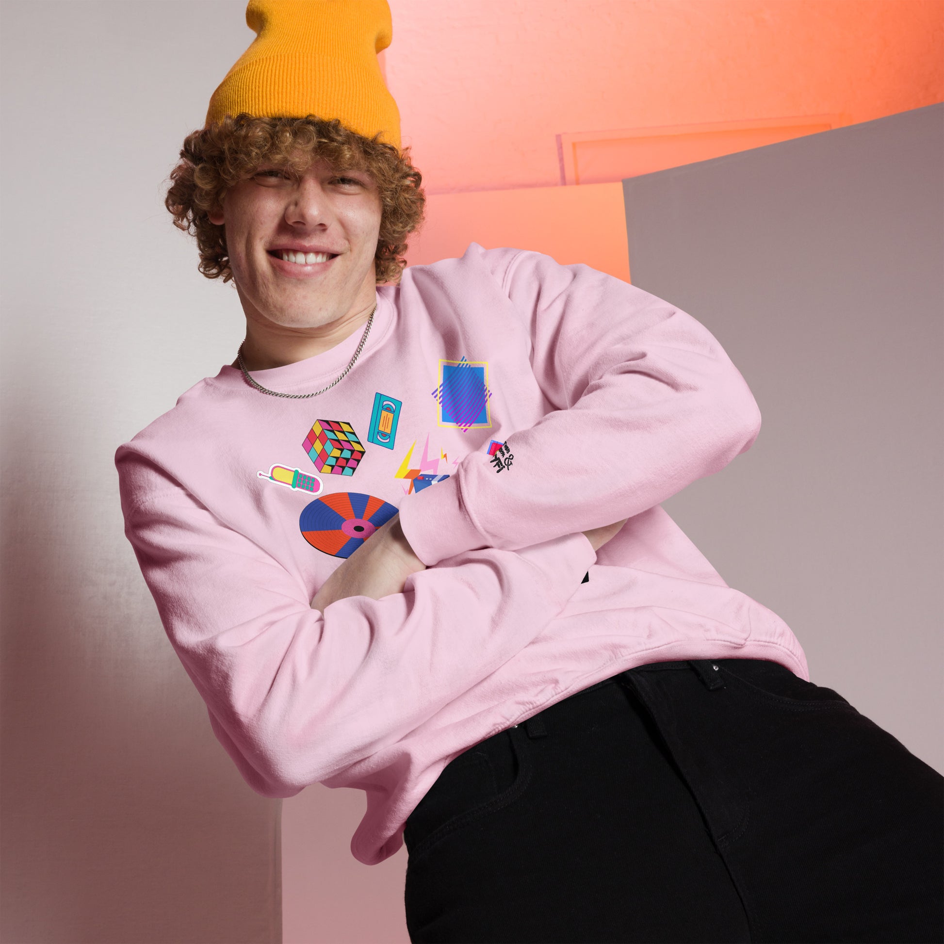 Unisex retro 80s pop culture crewneck sweatshirt with colorful graphic icons – Hipyfi Clothes & Design. light-pink-front-2