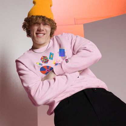 Unisex retro 80s pop culture crewneck sweatshirt with colorful graphic icons – Hipyfi Clothes & Design. light-pink-front-2