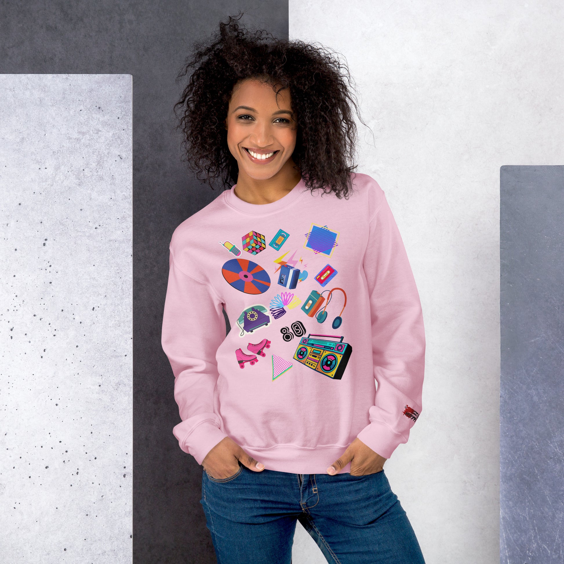 Unisex retro 80s pop culture crewneck sweatshirt with colorful graphic icons – Hipyfi Clothes & Design. light-pink-front-3
