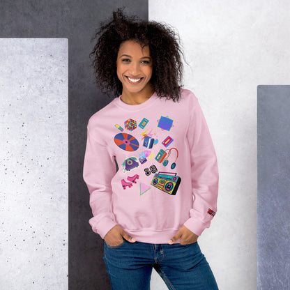 Unisex retro 80s pop culture crewneck sweatshirt with colorful graphic icons – Hipyfi Clothes & Design. light-pink-front-3
