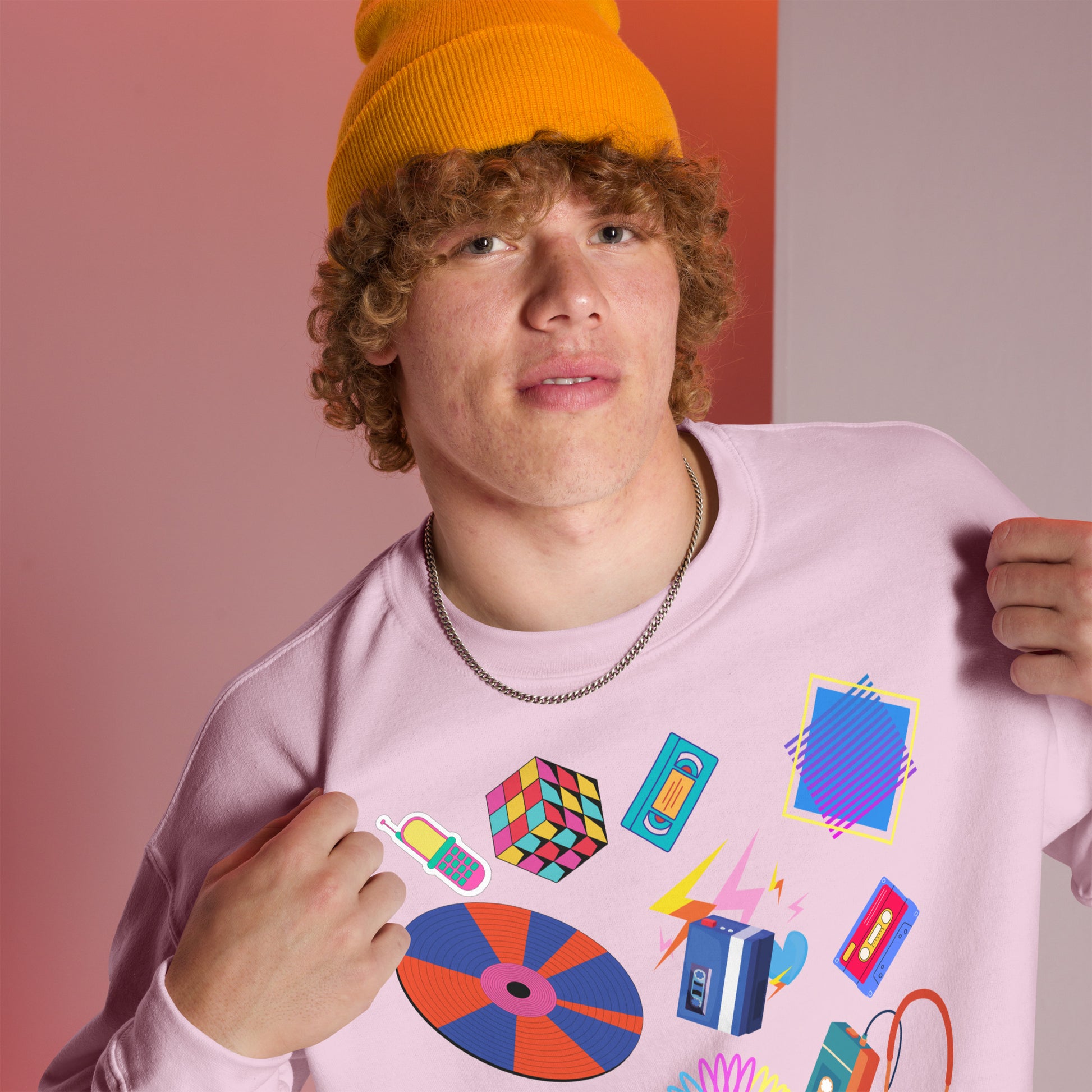 Unisex retro 80s pop culture crewneck sweatshirt with colorful graphic icons – Hipyfi Clothes & Design. light-pink-right-front