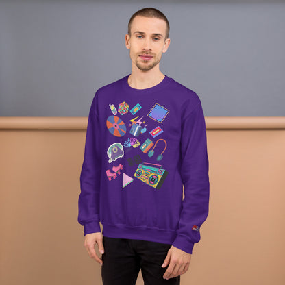 Unisex retro 80s pop culture crewneck sweatshirt with colorful graphic icons – Hipyfi Clothes & Design. purple-front