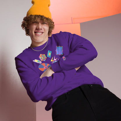 Unisex retro 80s pop culture crewneck sweatshirt with colorful graphic icons – Hipyfi Clothes & Design. purple-front-2