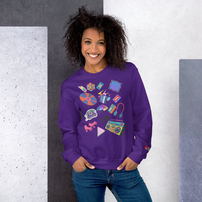 Unisex retro 80s pop culture crewneck sweatshirt with colorful graphic icons – Hipyfi Clothes & Design. purple-front-3