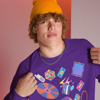 Unisex retro 80s pop culture crewneck sweatshirt with colorful graphic icons – Hipyfi Clothes & Design. purple-right-front