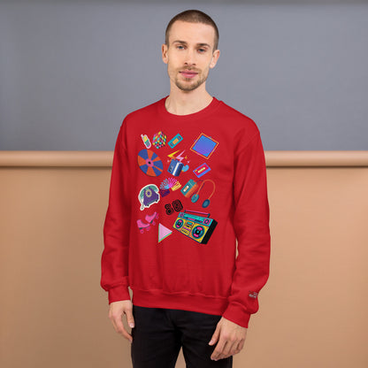 Unisex retro 80s pop culture crewneck sweatshirt with colorful graphic icons – Hipyfi Clothes & Design. red-front