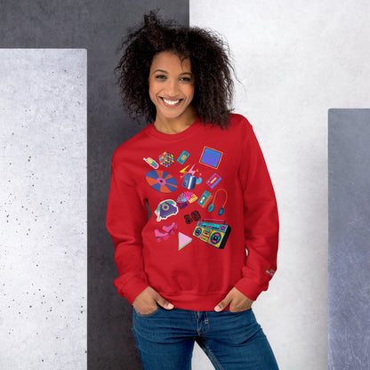 Unisex retro 80s pop culture crewneck sweatshirt with colorful graphic icons – Hipyfi Clothes & Design. red-front-3