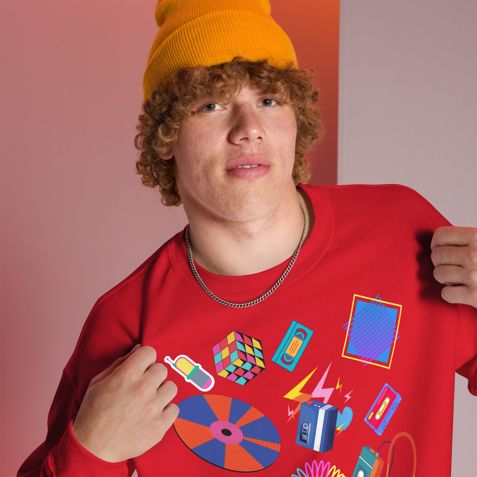 Unisex retro 80s pop culture crewneck sweatshirt with colorful graphic icons – Hipyfi Clothes & Design. red-right-front