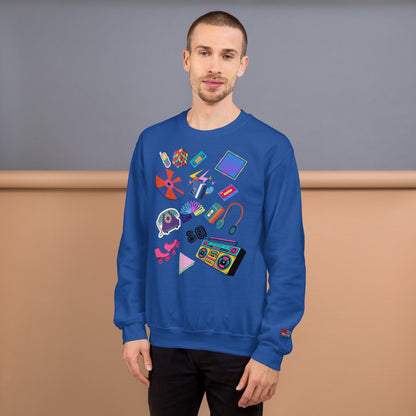 Unisex retro 80s pop culture crewneck sweatshirt with colorful graphic icons – Hipyfi Clothes & Design. royal-front