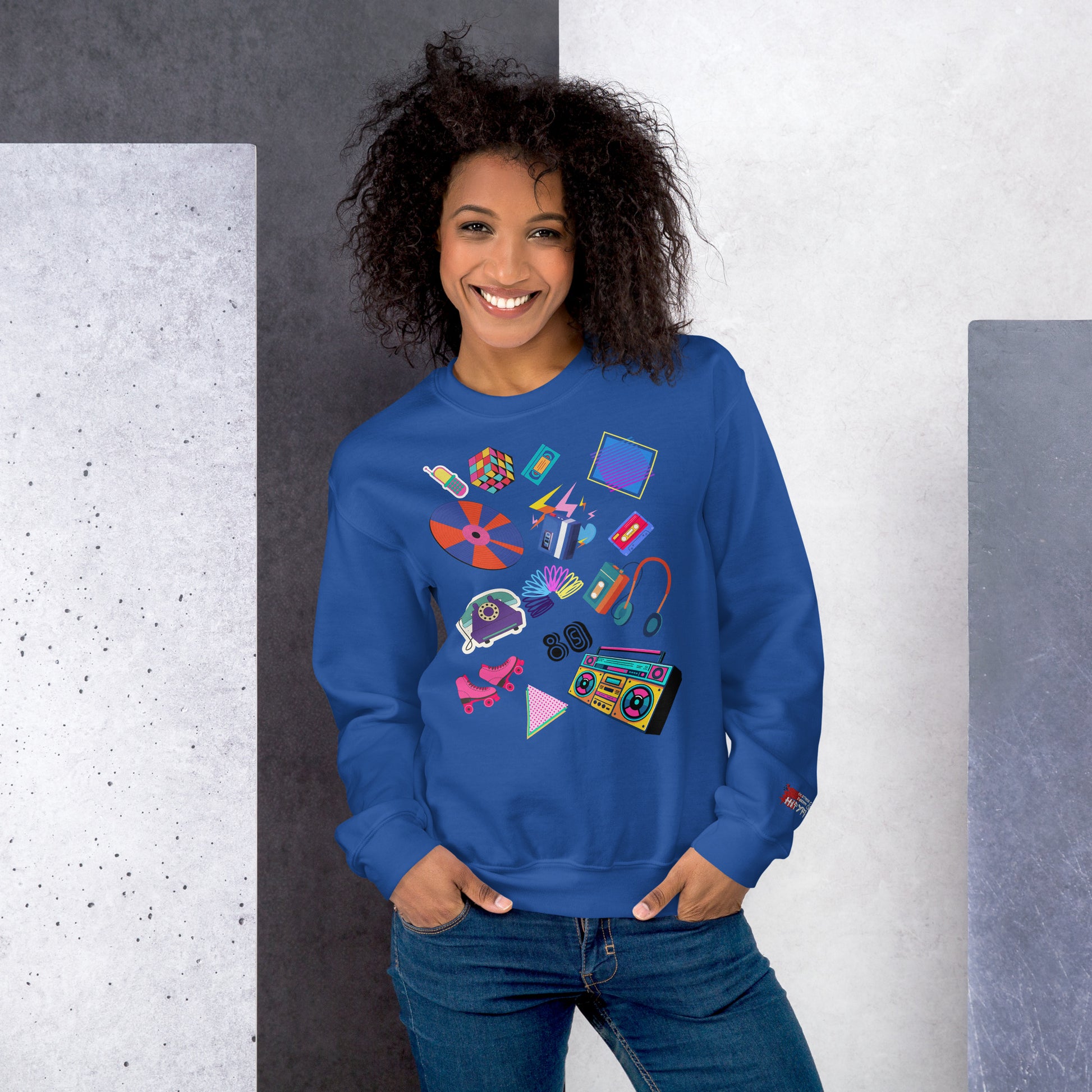 Unisex retro 80s pop culture crewneck sweatshirt with colorful graphic icons – Hipyfi Clothes & Design. royal-front-3