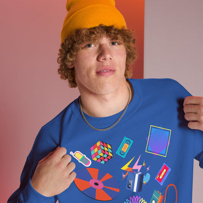 Unisex retro 80s pop culture crewneck sweatshirt with colorful graphic icons – Hipyfi Clothes & Design.royal-right-front