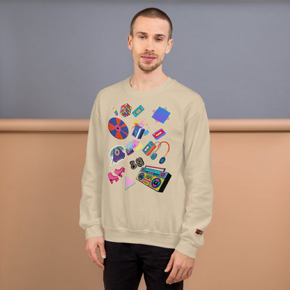Unisex retro 80s pop culture crewneck sweatshirt with colorful graphic icons – Hipyfi Clothes & Design. sand-front