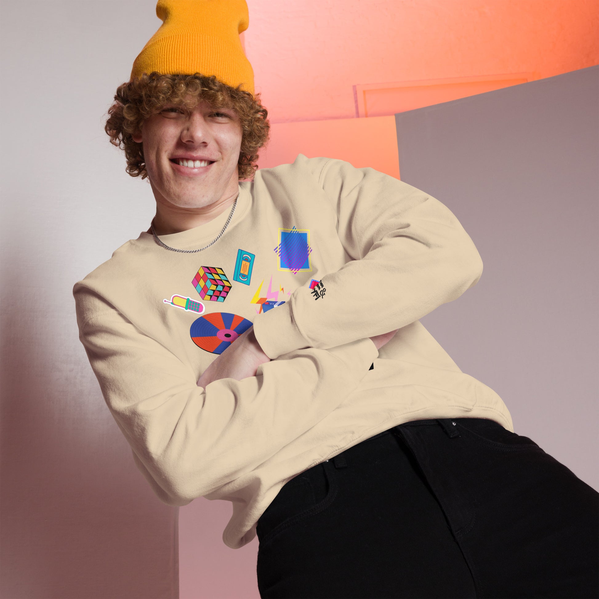 Unisex retro 80s pop culture crewneck sweatshirt with colorful graphic icons – Hipyfi Clothes & Design. sand-front-2
