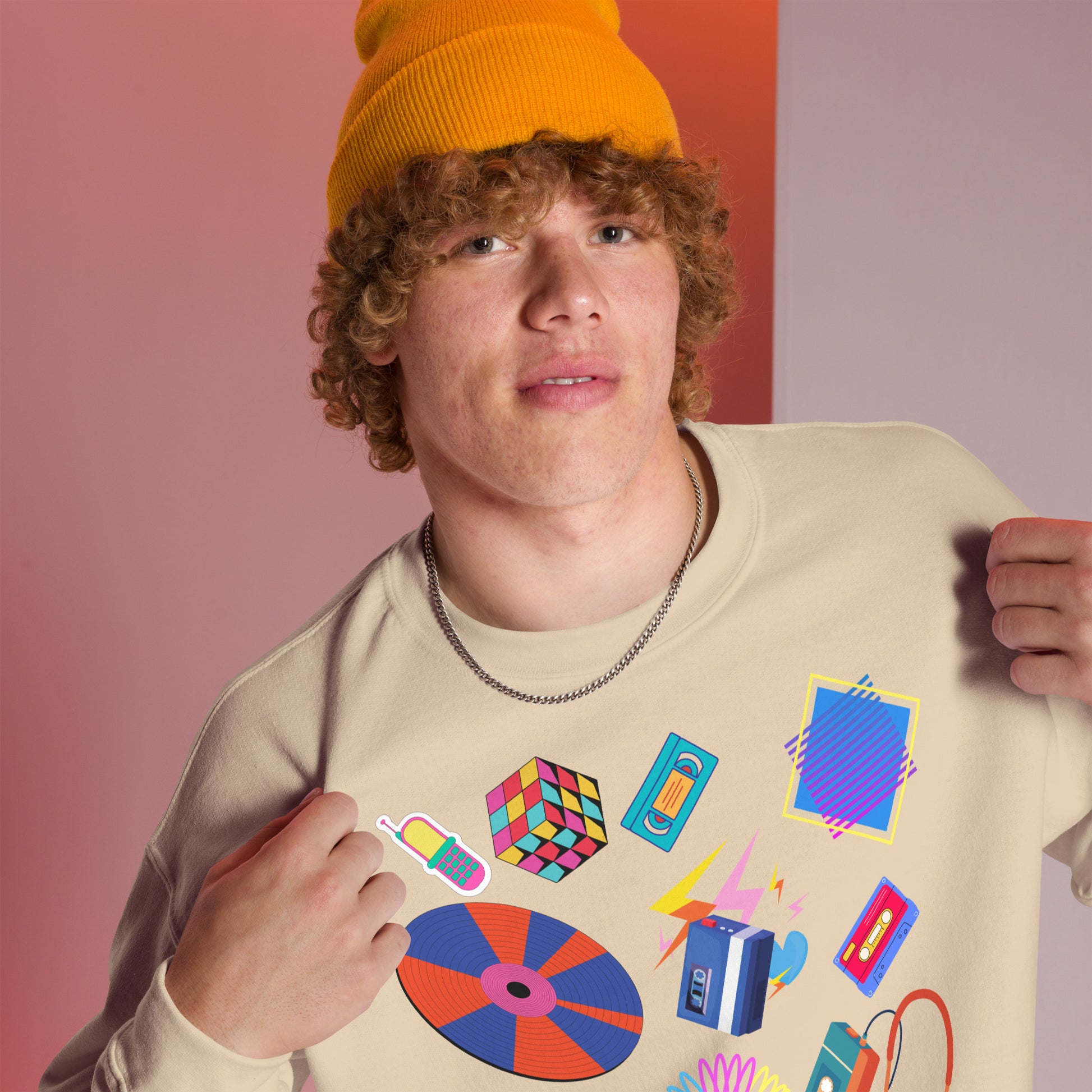 Unisex retro 80s pop culture crewneck sweatshirt with colorful graphic icons – Hipyfi Clothes & Design. sand-right-front