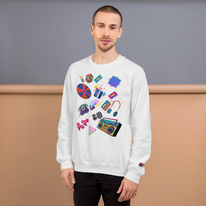 Unisex retro 80s pop culture crewneck sweatshirt with colorful graphic icons – Hipyfi Clothes & Design. white-front
