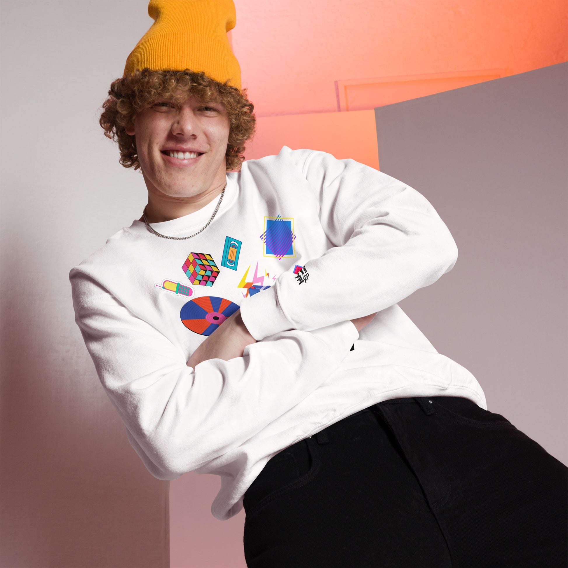 Unisex retro 80s pop culture crewneck sweatshirt with colorful graphic icons – Hipyfi Clothes & Design. white-front-2