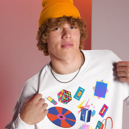 Unisex retro 80s pop culture crewneck sweatshirt with colorful graphic icons – Hipyfi Clothes & Design. white-right-front