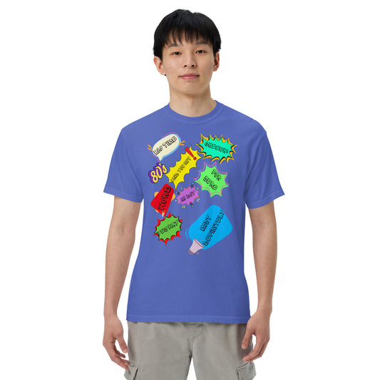 Hipyfi Retro 80s Pop Art Unisex Heavyweight T-Shirt - Vintage Graphic Design, 100% Cotton, Garment-Dyed, Comfortable Fit. flo-blue-front