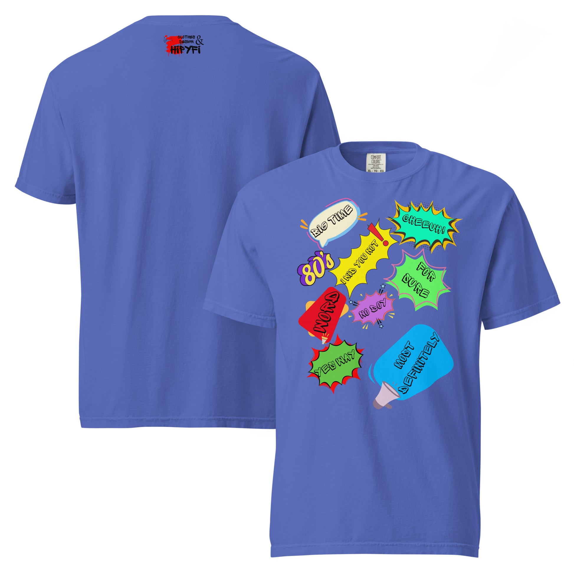 Hipyfi Retro 80s Pop Art Unisex Heavyweight T-Shirt - Vintage Graphic Design, 100% Cotton, Garment-Dyed, Comfortable Fit. flo-blue-front-and-back