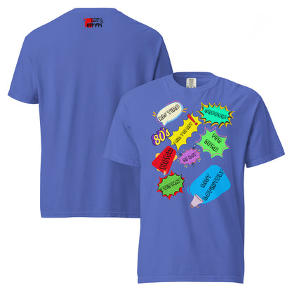Hipyfi Retro 80s Pop Art Unisex Heavyweight T-Shirt - Vintage Graphic Design, 100% Cotton, Garment-Dyed, Comfortable Fit. flo-blue-front-and-back