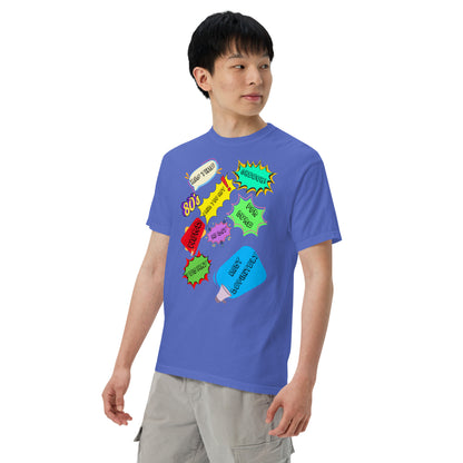 Hipyfi Retro 80s Pop Art Unisex Heavyweight T-Shirt - Vintage Graphic Design, 100% Cotton, Garment-Dyed, Comfortable Fit. flo-blue-left-front