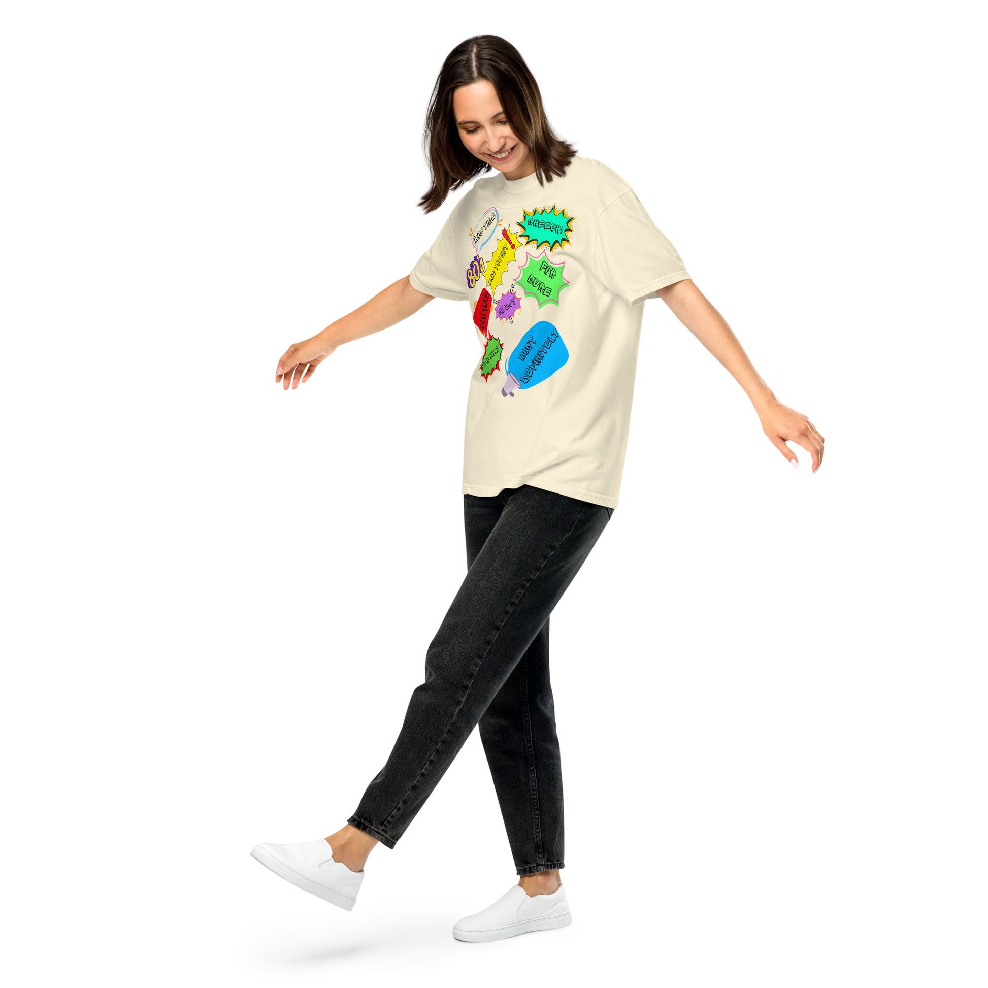 Hipyfi Retro 80s Pop Art Unisex Heavyweight T-Shirt - Vintage Graphic Design, 100% Cotton, Garment-Dyed, Comfortable Fit. ivory-front-2
