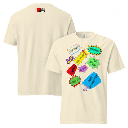Hipyfi Retro 80s Pop Art Unisex Heavyweight T-Shirt - Vintage Graphic Design, 100% Cotton, Garment-Dyed, Comfortable Fit. ivory-front-and-back
