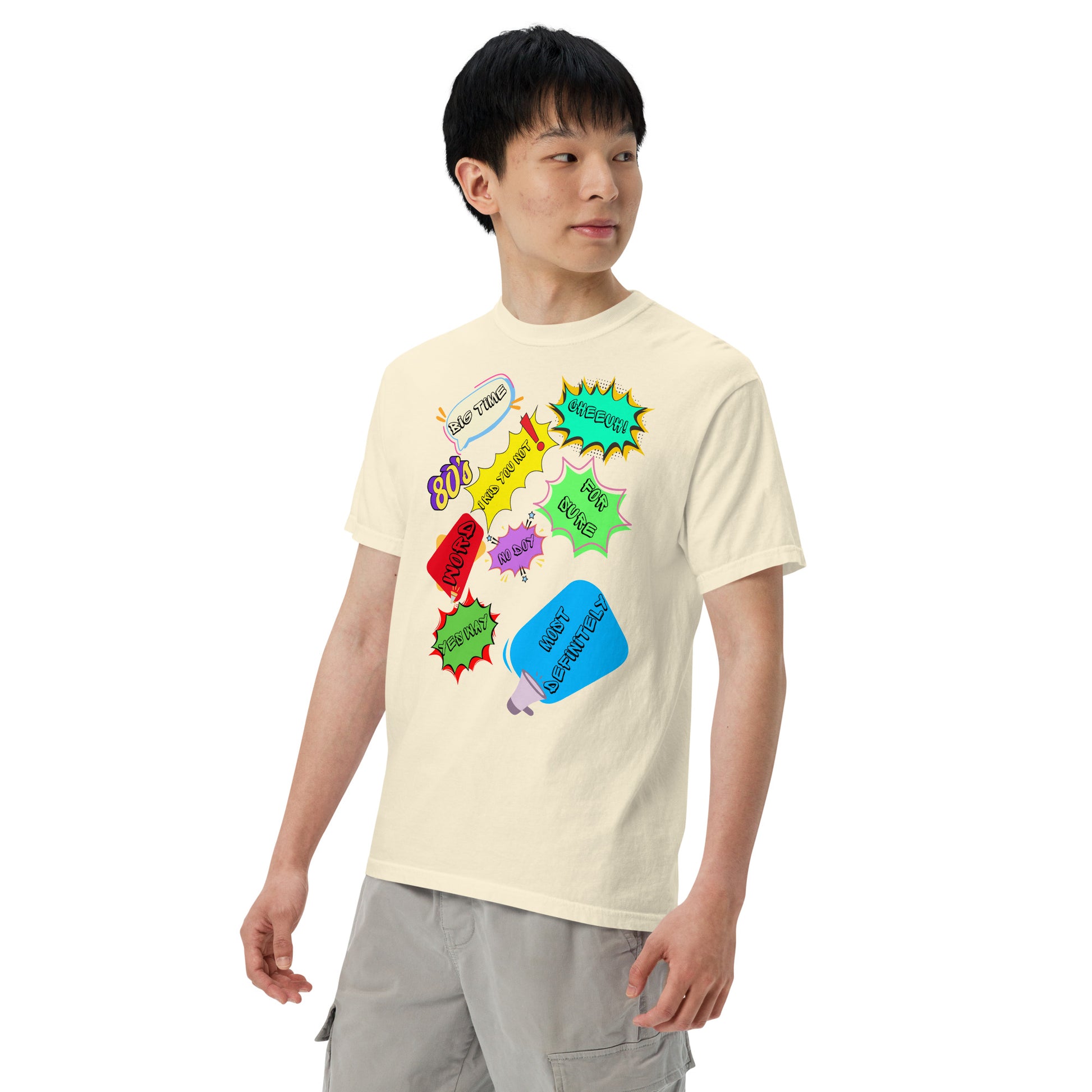 Hipyfi Retro 80s Pop Art Unisex Heavyweight T-Shirt - Vintage Graphic Design, 100% Cotton, Garment-Dyed, Comfortable Fit. ivory-left-front