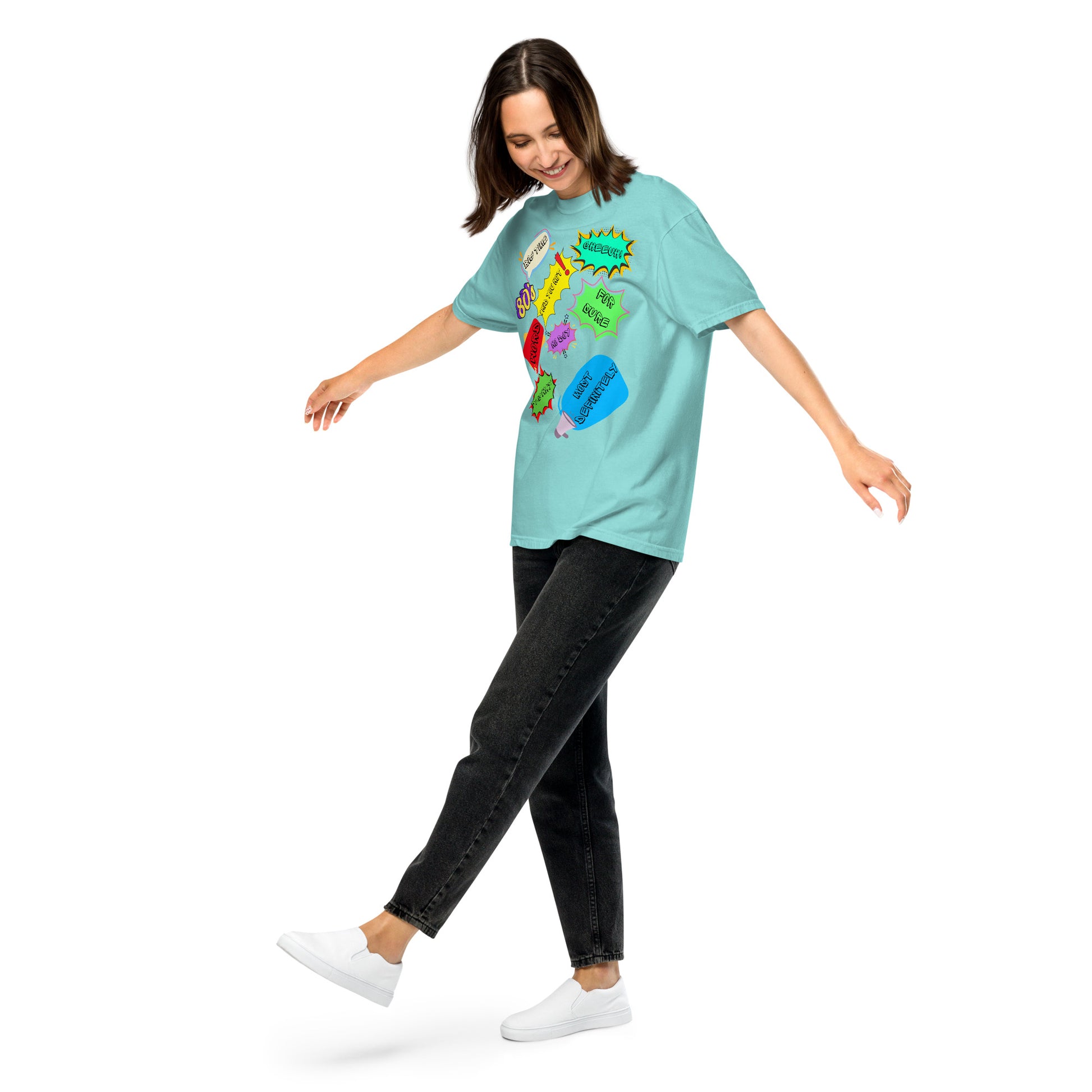 Hipyfi Retro 80s Pop Art Unisex Heavyweight T-Shirt - Vintage Graphic Design, 100% Cotton, Garment-Dyed, Comfortable Fit. lagoon-blue-front-2
