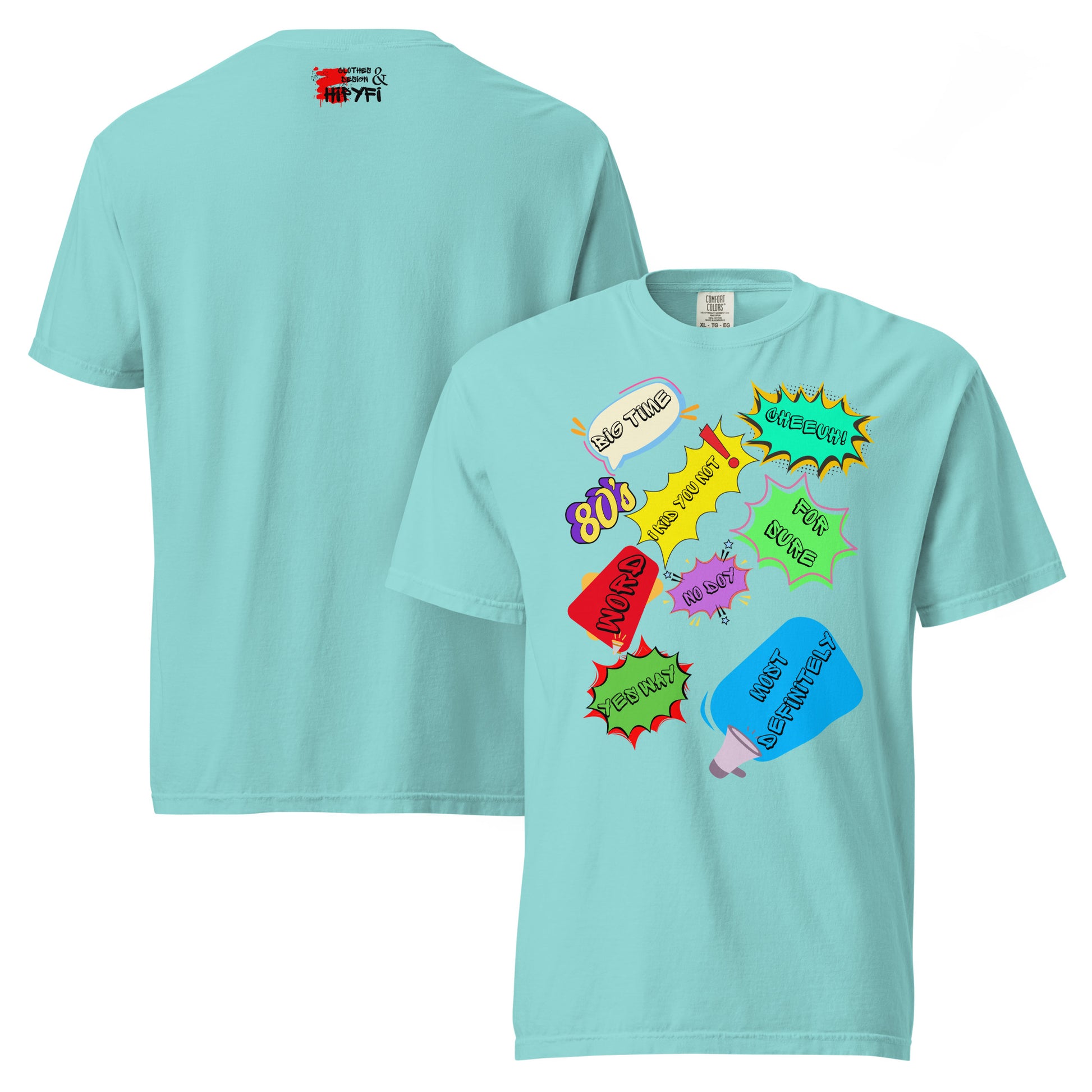 Hipyfi Retro 80s Pop Art Unisex Heavyweight T-Shirt - Vintage Graphic Design, 100% Cotton, Garment-Dyed, Comfortable Fit. lagoon-blue-front-and-back
