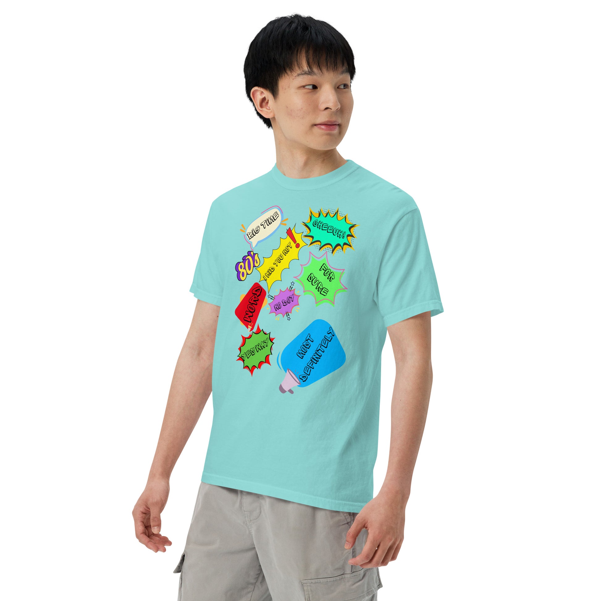 Hipyfi Retro 80s Pop Art Unisex Heavyweight T-Shirt - Vintage Graphic Design, 100% Cotton, Garment-Dyed, Comfortable Fit. lagoon-blue-left-front