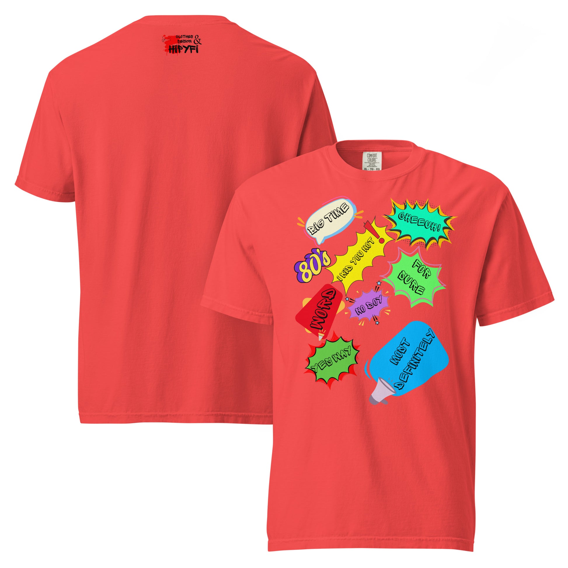 Hipyfi Retro 80s Pop Art Unisex Heavyweight T-Shirt - Vintage Graphic Design, 100% Cotton, Garment-Dyed, Comfortable Fit. paprika-front-and-back