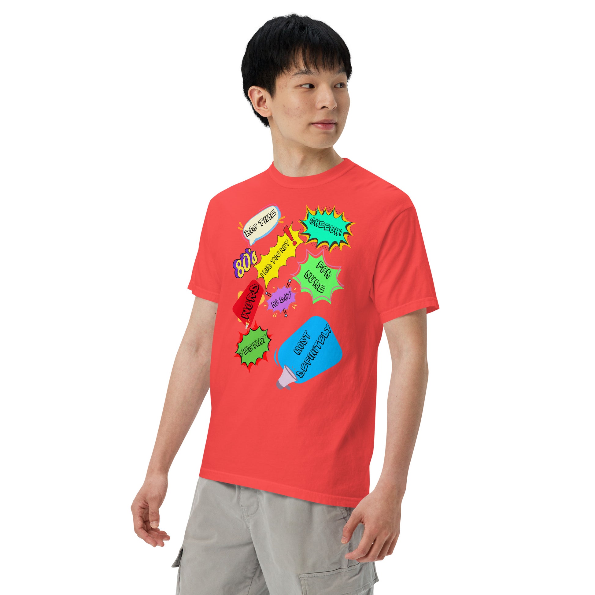 Hipyfi Retro 80s Pop Art Unisex Heavyweight T-Shirt - Vintage Graphic Design, 100% Cotton, Garment-Dyed, Comfortable Fit. paprika-left-front