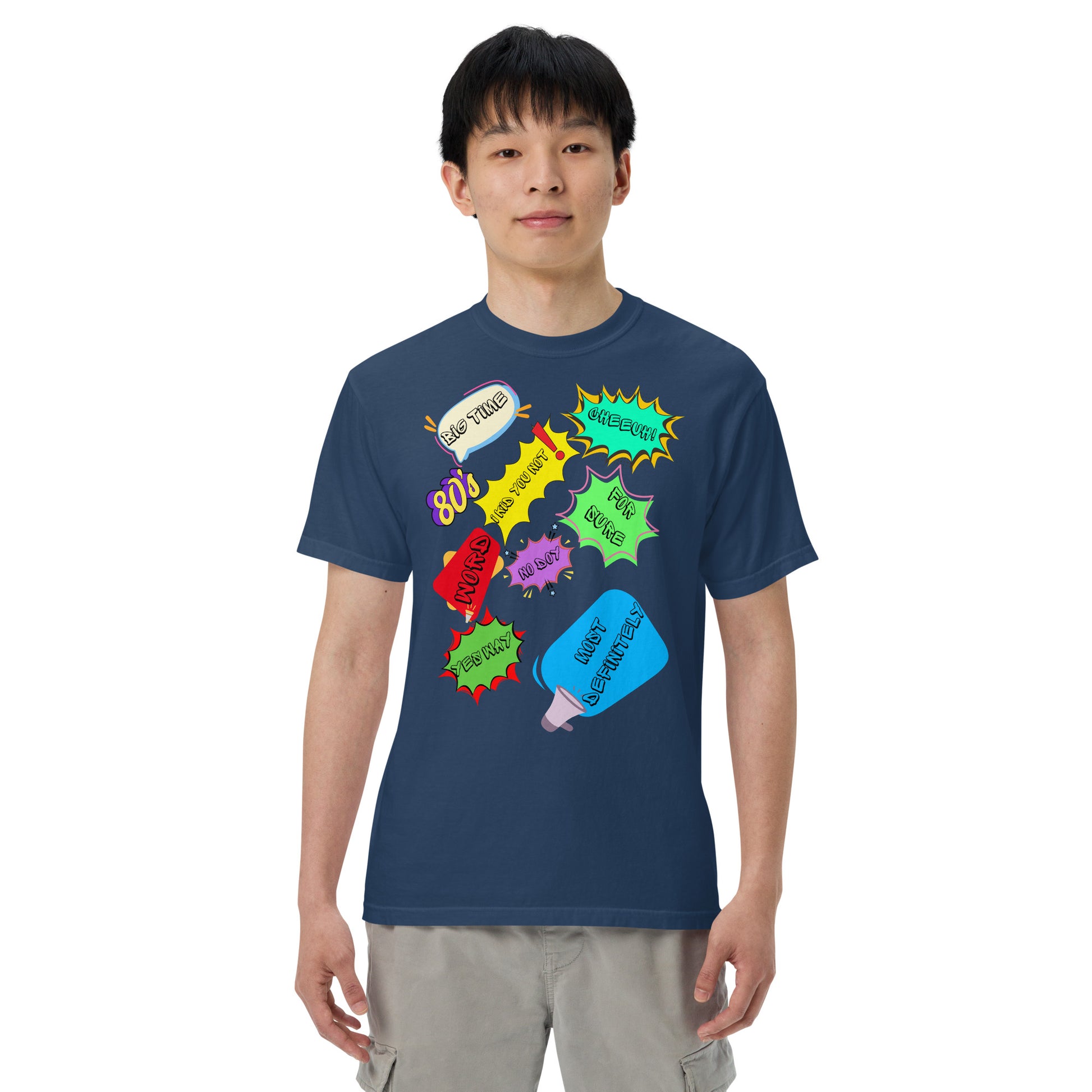 Hipyfi Retro 80s Pop Art Unisex Heavyweight T-Shirt - Vintage Graphic Design, 100% Cotton, Garment-Dyed, Comfortable Fit. true-navy-front