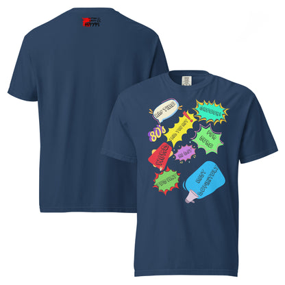 Hipyfi Retro 80s Pop Art Unisex Heavyweight T-Shirt - Vintage Graphic Design, 100% Cotton, Garment-Dyed, Comfortable Fit. true-navy-front-and-back