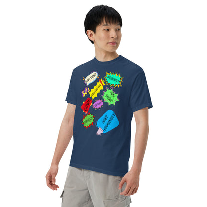 Hipyfi Retro 80s Pop Art Unisex Heavyweight T-Shirt - Vintage Graphic Design, 100% Cotton, Garment-Dyed, Comfortable Fit. true-navy-left-front