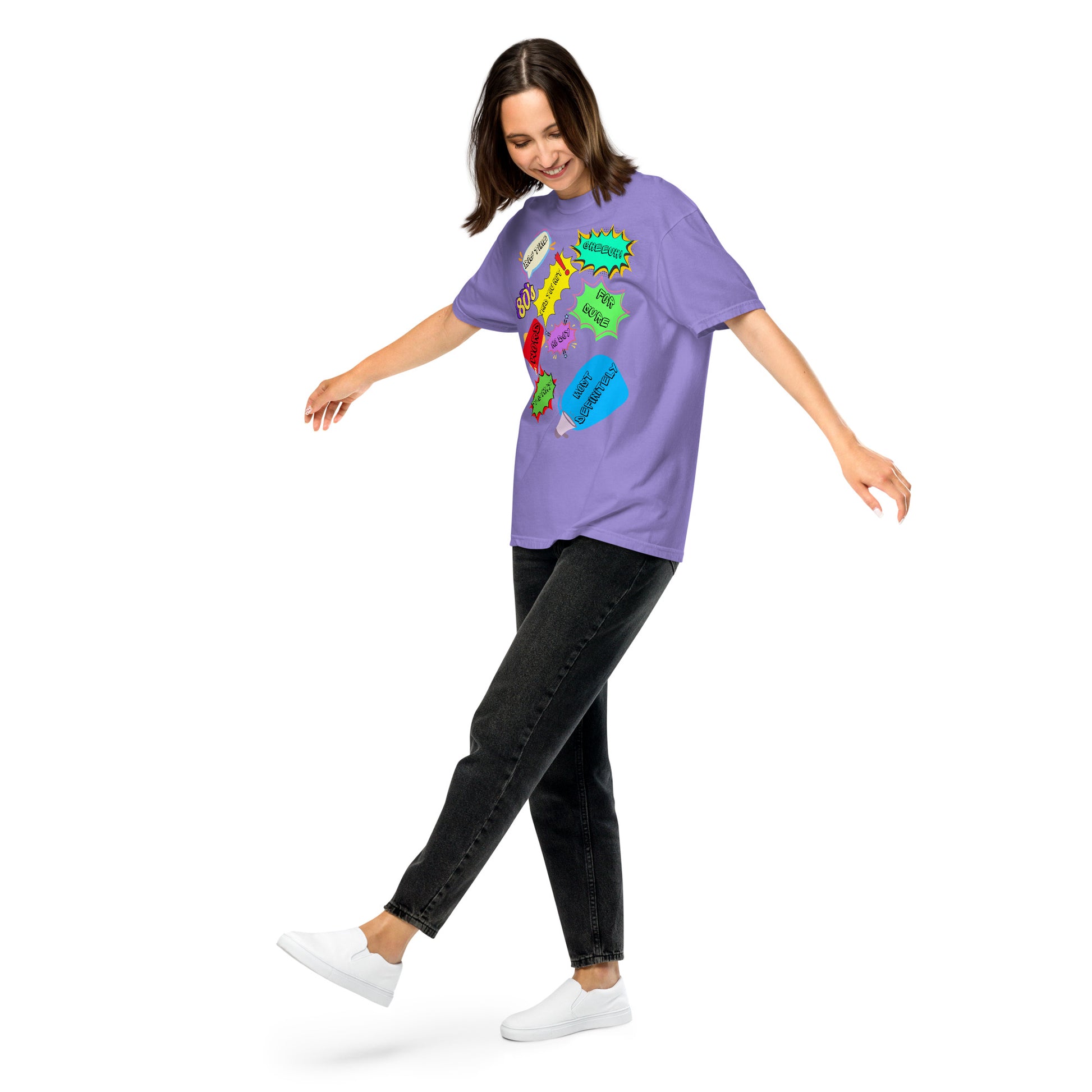 Hipyfi Retro 80s Pop Art Unisex Heavyweight T-Shirt - Vintage Graphic Design, 100% Cotton, Garment-Dyed, Comfortable Fit. violet-front-2