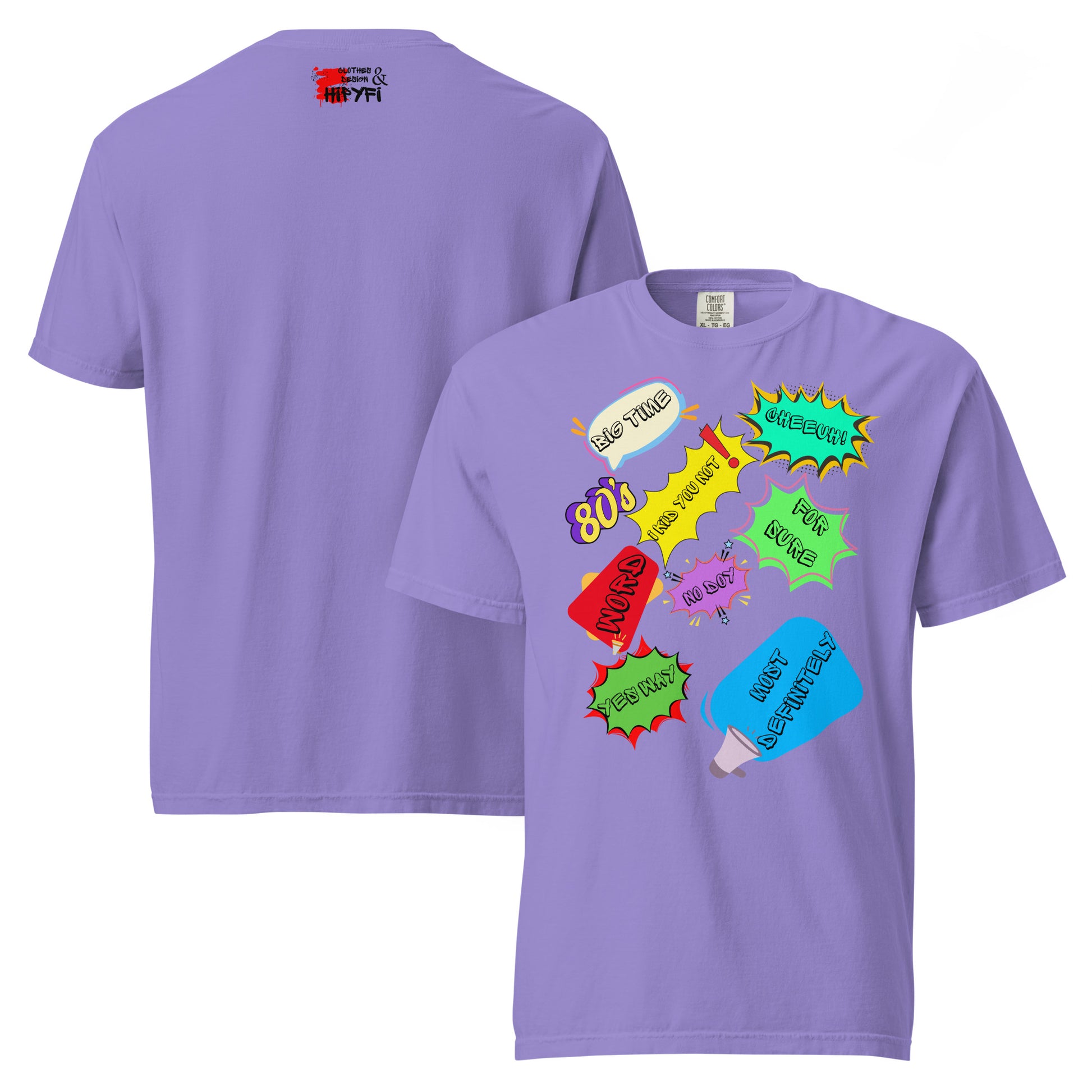 Hipyfi Retro 80s Pop Art Unisex Heavyweight T-Shirt - Vintage Graphic Design, 100% Cotton, Garment-Dyed, Comfortable Fit. violet-front-and-back