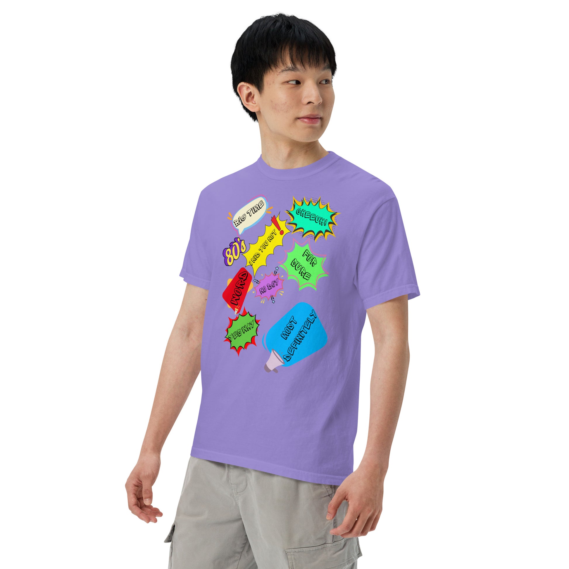 Hipyfi Retro 80s Pop Art Unisex Heavyweight T-Shirt - Vintage Graphic Design, 100% Cotton, Garment-Dyed, Comfortable Fit. violet-left-front