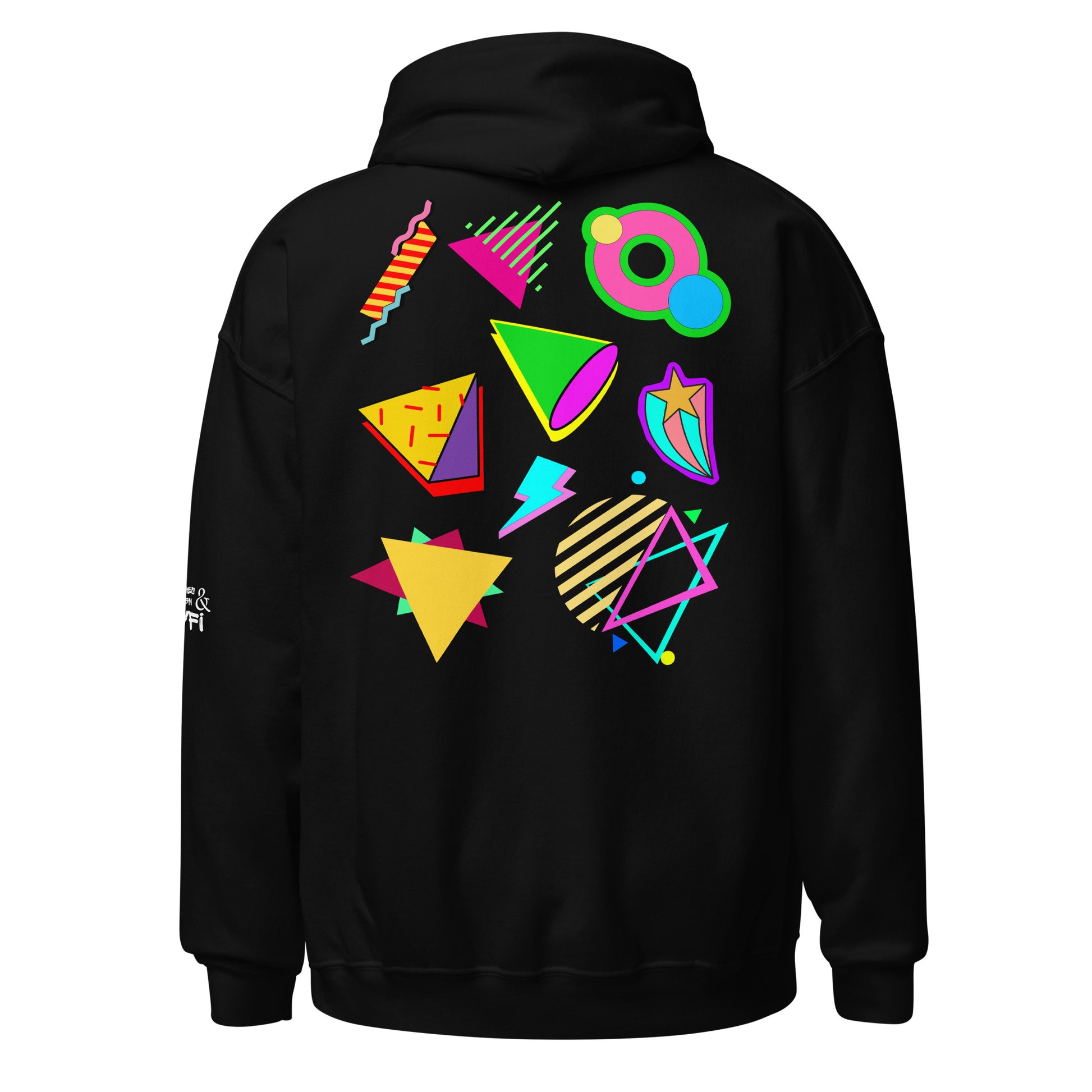 Unisex Neon Retro Pop Hoodie with 80s Memphis Graphic Design by Hipyfi. black-back