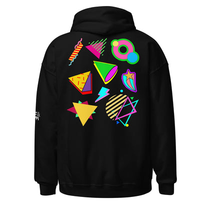 Unisex Neon Retro Pop Hoodie with 80s Memphis Graphic Design by Hipyfi. black-back