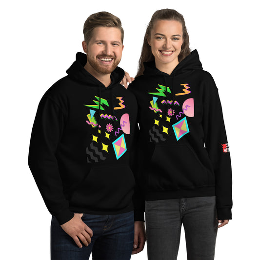 Unisex Neon Retro Pop Hoodie with 80s Memphis Graphic Design by Hipyfi. black-front