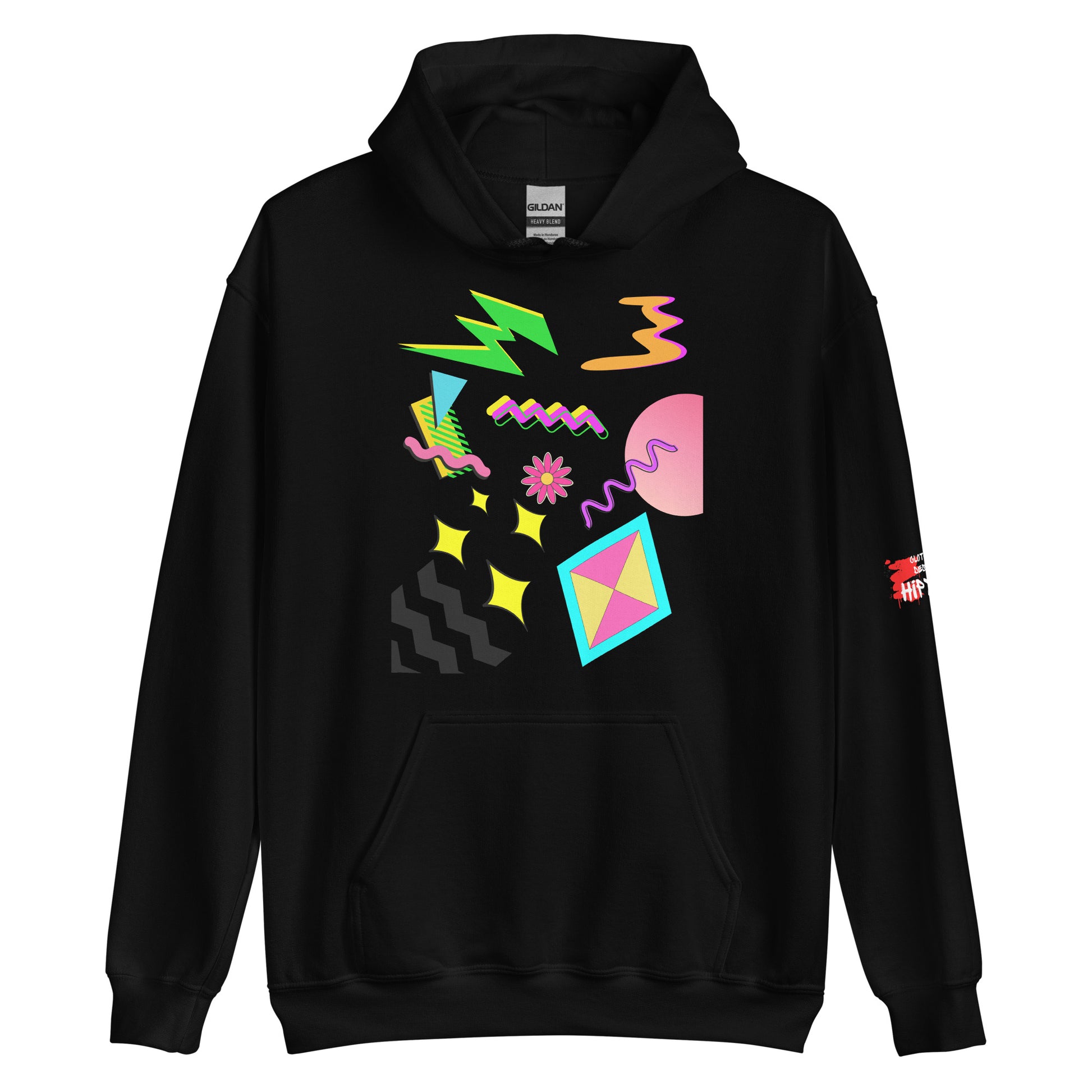 Unisex Neon Retro Pop Hoodie with 80s Memphis Graphic Design by Hipyfi. black-front-2
