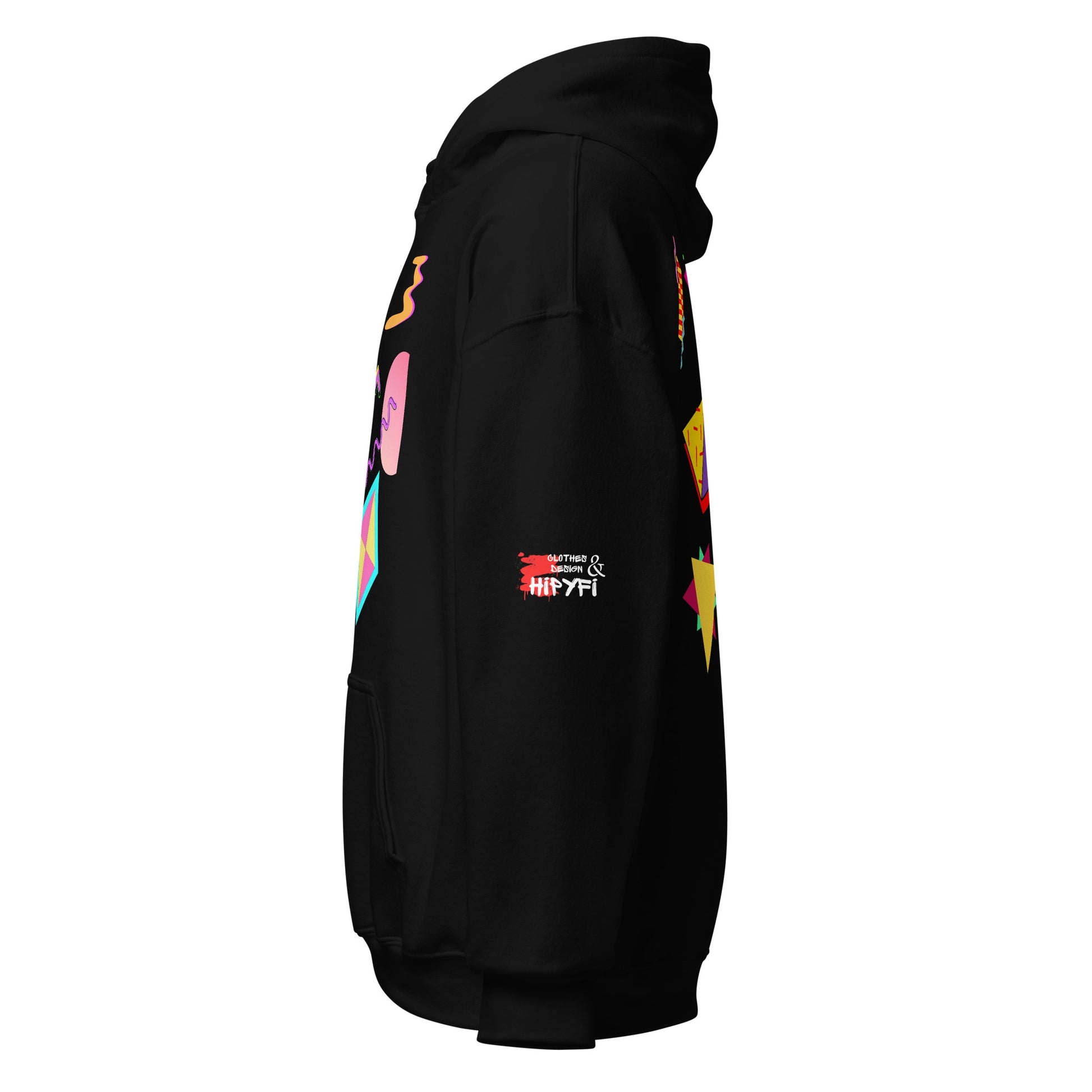 Unisex Neon Retro Pop Hoodie with 80s Memphis Graphic Design by Hipyfi. black-left