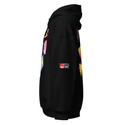Unisex Neon Retro Pop Hoodie with 80s Memphis Graphic Design by Hipyfi. black-left