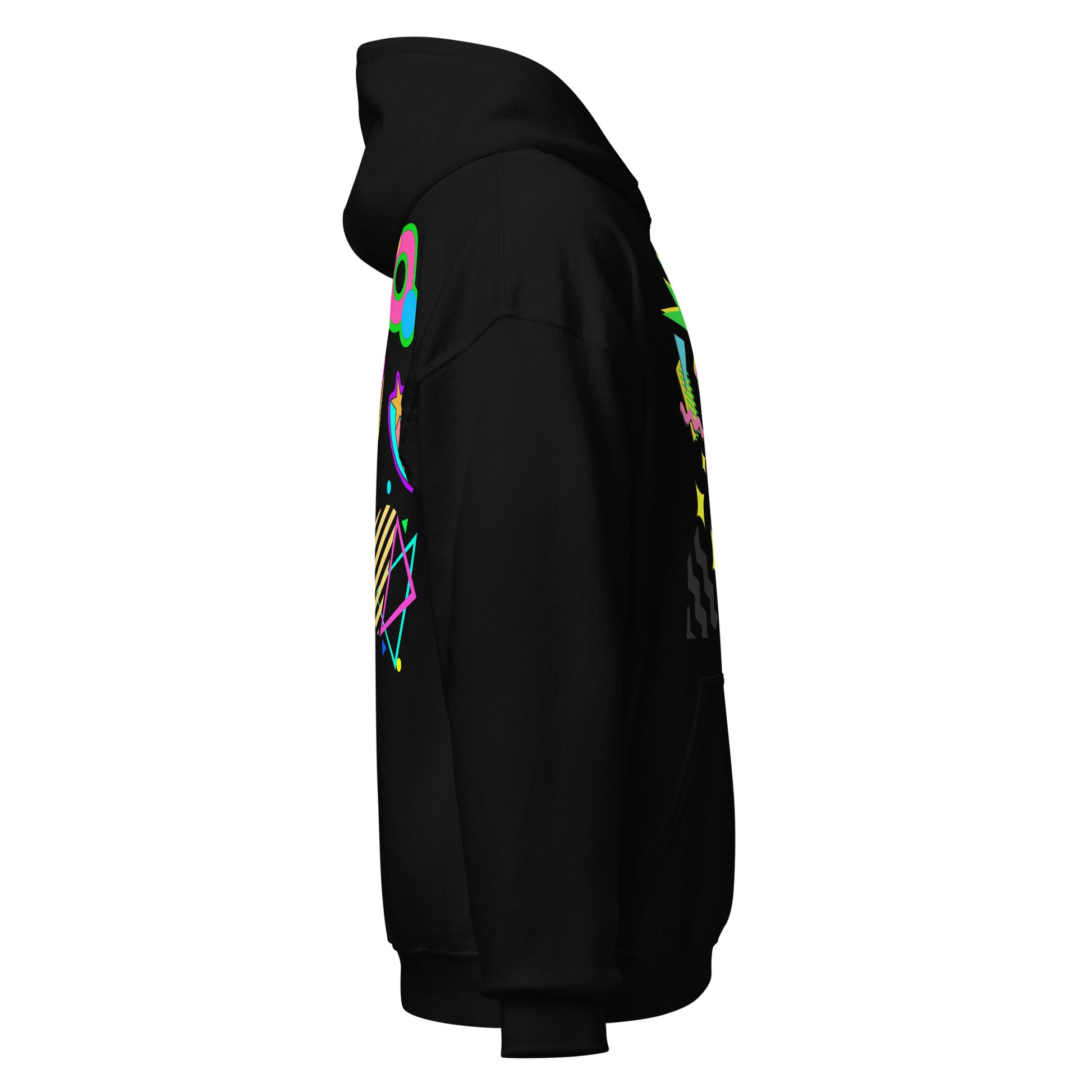 Unisex Neon Retro Pop Hoodie with 80s Memphis Graphic Design by Hipyfi. black-right