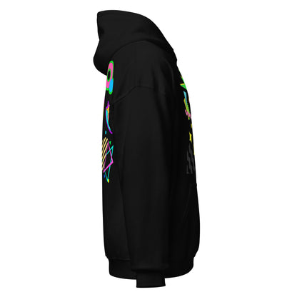 Unisex Neon Retro Pop Hoodie with 80s Memphis Graphic Design by Hipyfi. black-right