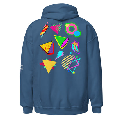 Unisex Neon Retro Pop Hoodie with 80s Memphis Graphic Design by Hipyfi. indigo-blue-back
