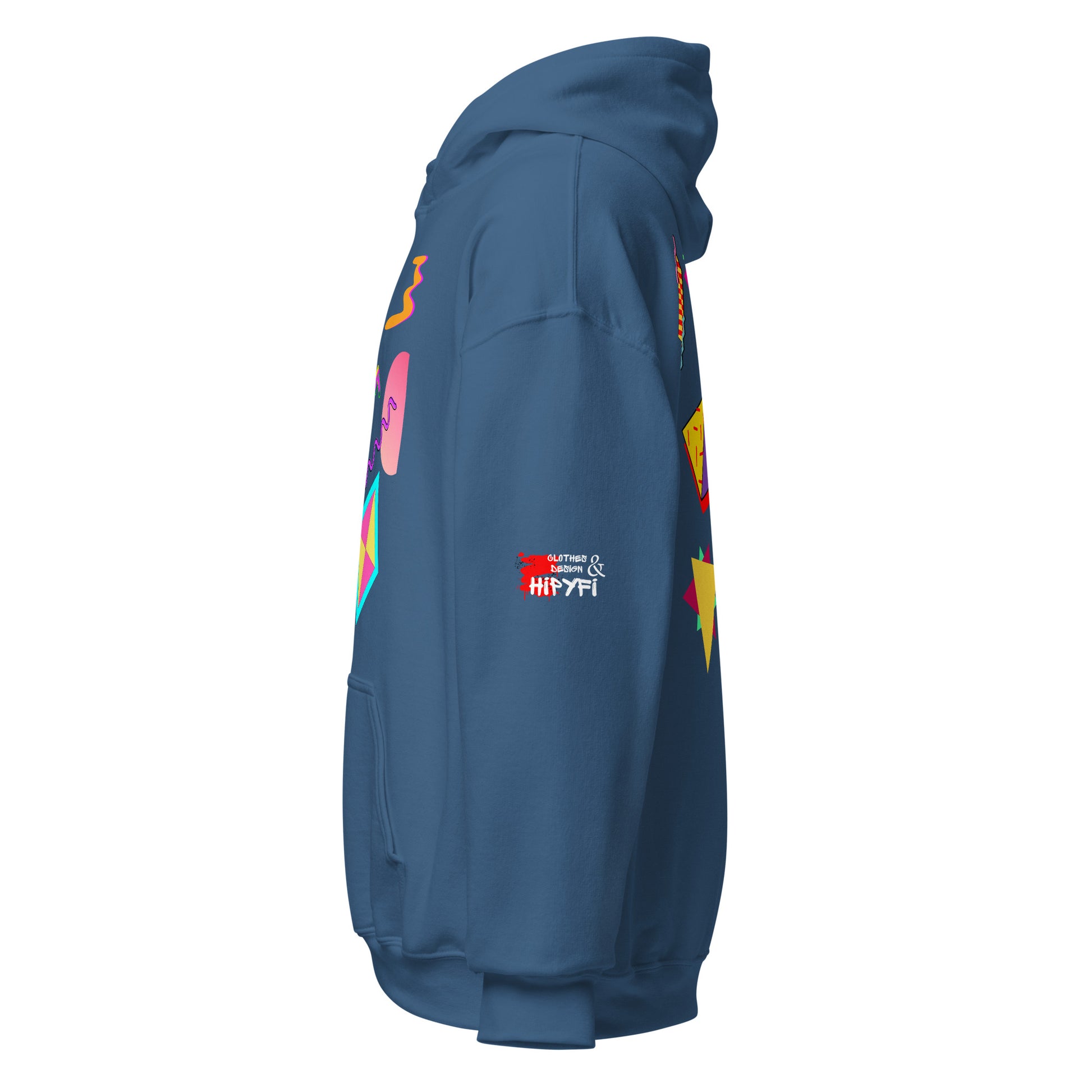 Unisex Neon Retro Pop Hoodie with 80s Memphis Graphic Design by Hipyfi. indigo-blue-left