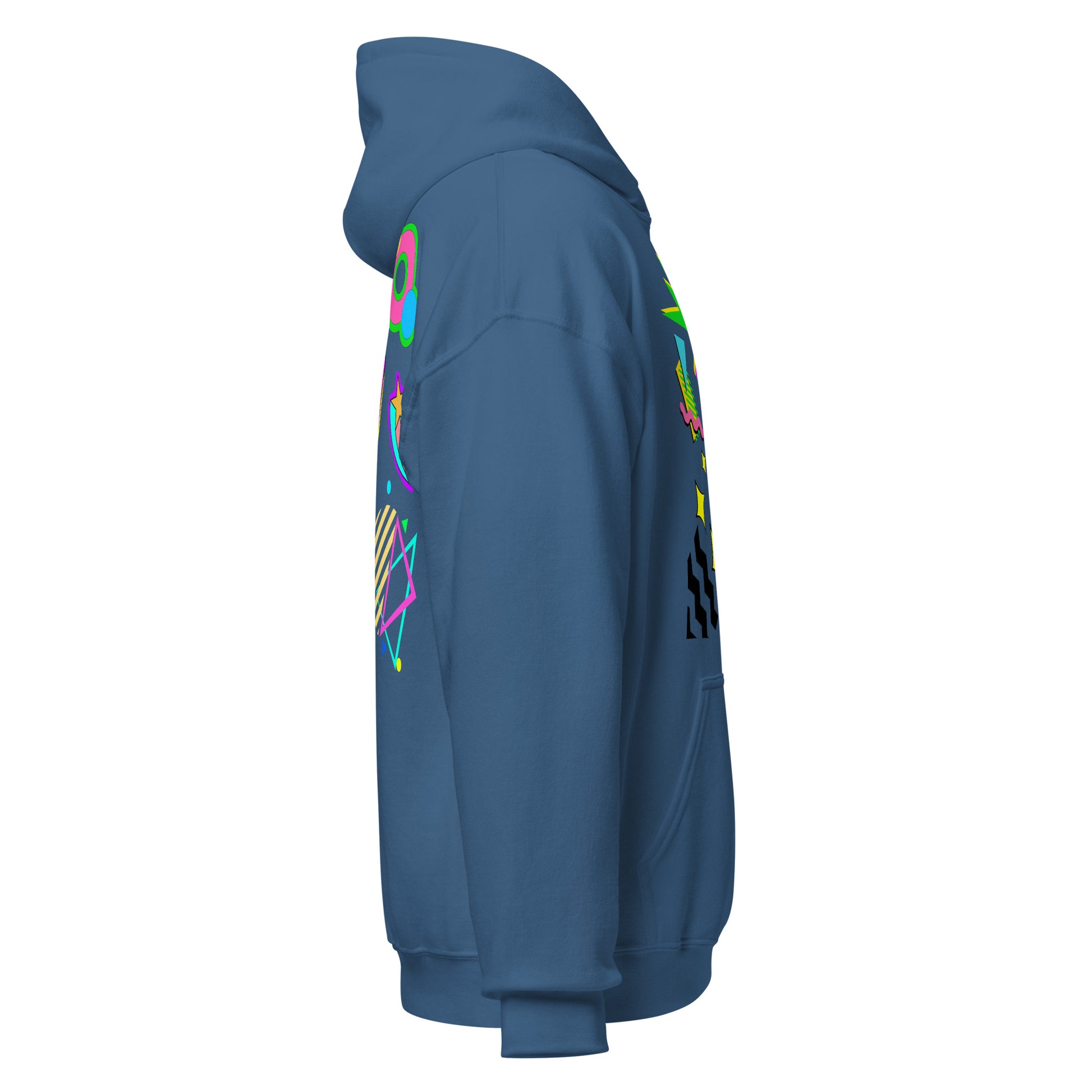 Unisex Neon Retro Pop Hoodie with 80s Memphis Graphic Design by Hipyfi. indigo-blue-right